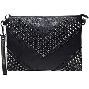 ✨Nigedu Women Black Oversized Leather Clutch Studded Wristlet Envelope Handbag